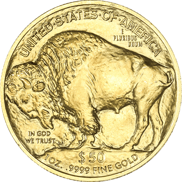 1 oz American Gold Buffalo with bison design, “United States of America,” “In God We Trust,” and “$50 1 oz .9999 Fine Gold.”