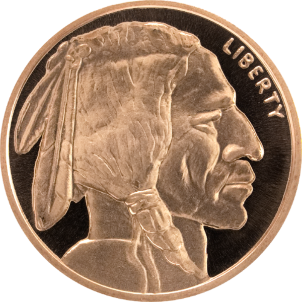 1 oz copper round with Native American profile in feathered headdress, “Liberty,” inspired by Indian Head nickel.