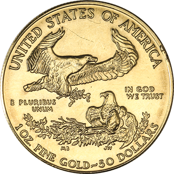 1 oz American Gold Eagle with flying male eagle to nest, “United States of America,” and “1 oz Fine Gold – 50 Dollars.