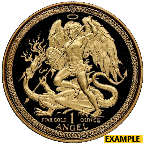 1 oz Isle of Man Gold Angel with Saint Michael slaying dragon, “Fine Gold 1 Ounce Angel.”