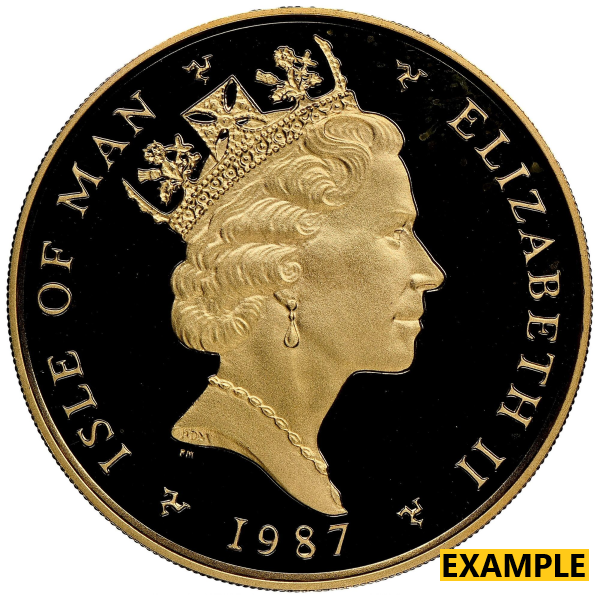 1 oz Isle of Man Gold Angel with Queen Elizabeth II, “Isle of Man,” “Elizabeth II,” and year 1987