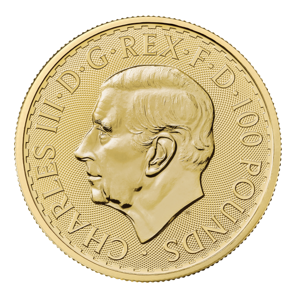 Gold coin displaying a profile portrait of King Charles III with text: "CHARLES III · D · G · REX · F · D · 100 POUNDS".