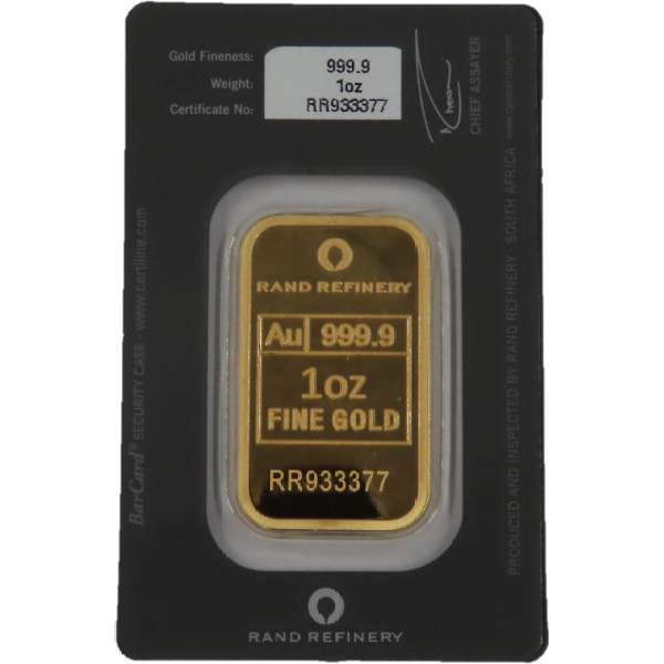 Gold bar from Rand Refinery labeled "Au 999.9 1oz FINE GOLD" with serial number RR933377, packaged in certified security card.