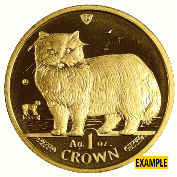 Gold coin showing a detailed image of a long-haired cat, labeled "Au 1 oz CROWN" with a small cat design in the background.