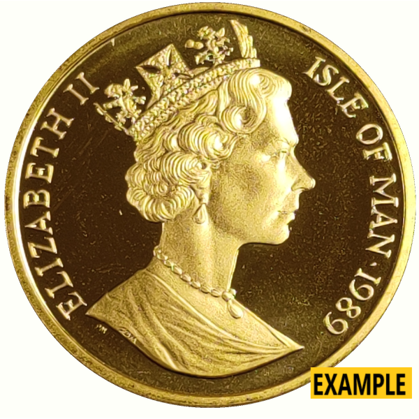 Reverse side of the cat coin with Queen Elizabeth II's profile and inscription "ELIZABETH II ISLE OF MAN 1989".