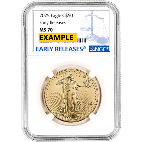 2025 American Gold Eagle $50 coin graded MS 70 by NGC in slabbed holder. Features Lady Liberty with rays behind her and "2025" date.