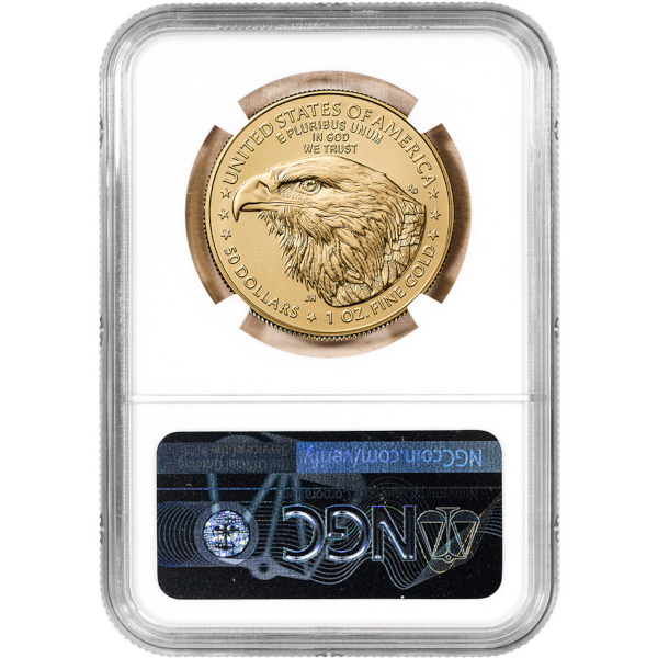 1 oz gold American Eagle coin with bald eagle design, $50 face value, encapsulated and certified by NGC for authenticity.