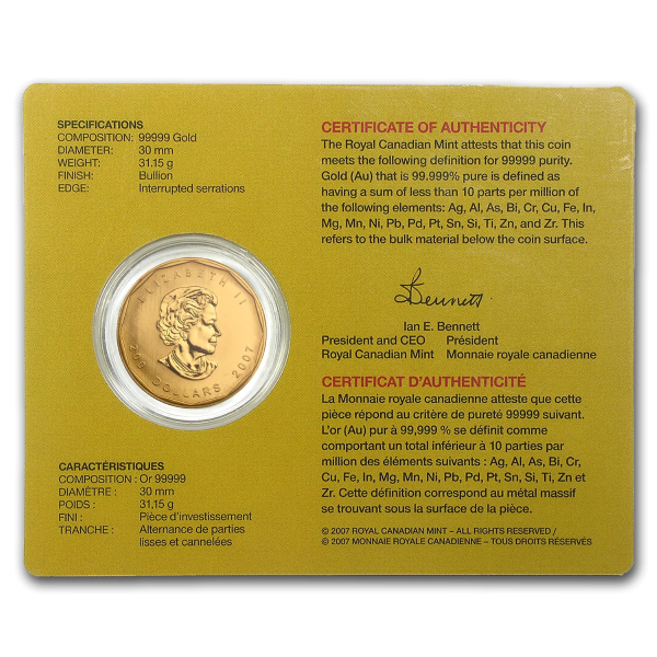 2007 1 OZ CANADIAN GOLD MAPLE LEAF .99999 FINE - Reverse