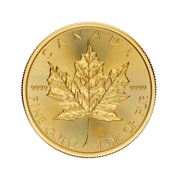 1 oz Canadian Gold Maple Leaf coin featuring detailed maple leaf design and .99999 fine gold purity inscription.