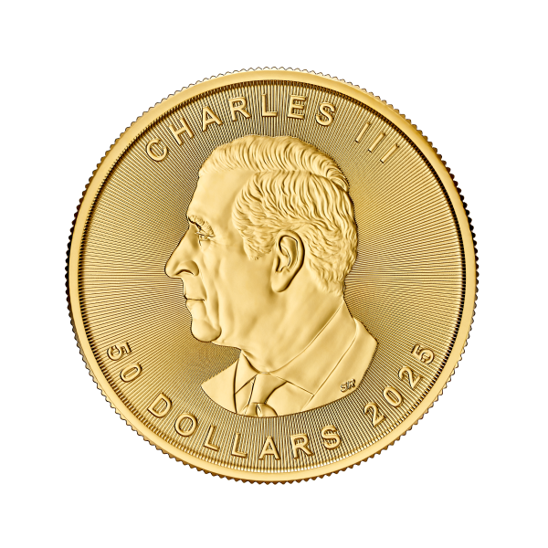 2025 Canadian gold coin featuring King Charles III profile, inscribed with 50 DOLLARS 2025 and fine detailing.
