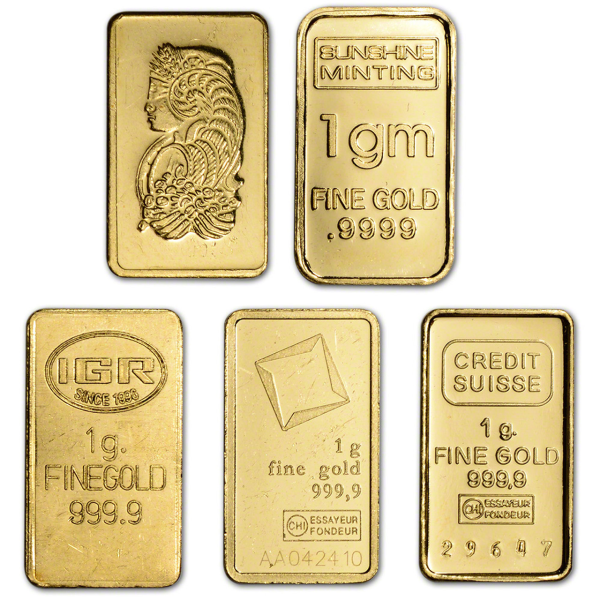 Five assorted 1g gold bars from various mints including Valcambi, Credit Suisse, Sunshine, and IGR, all marked .9999 fine gold.
