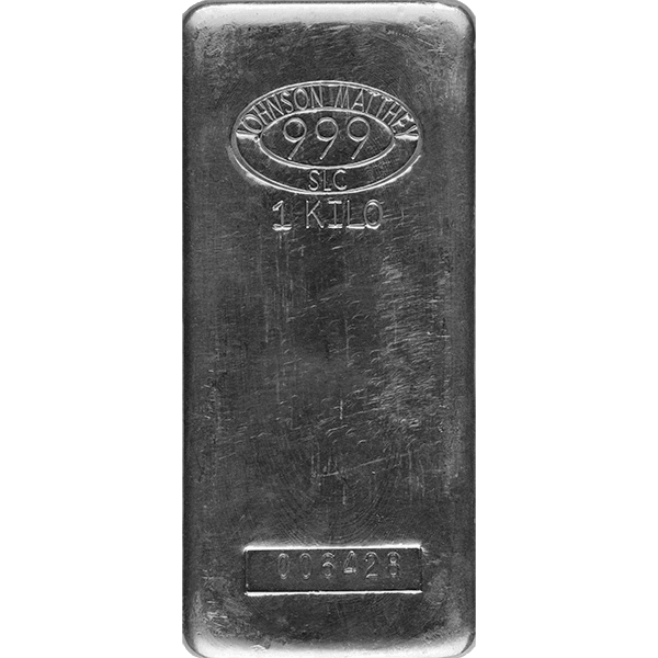 1 kilo Johnson Matthey silver bar featuring .999 fine silver purity stamp, serial number, and SLC marking for trusted bullion investment quality.