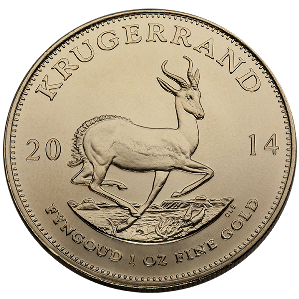 1 oz South African Gold Krugerrand Coin Featuring Springbok Antelope, 22K Fine Gold, 2014 Edition Guaranteed by South African Mint