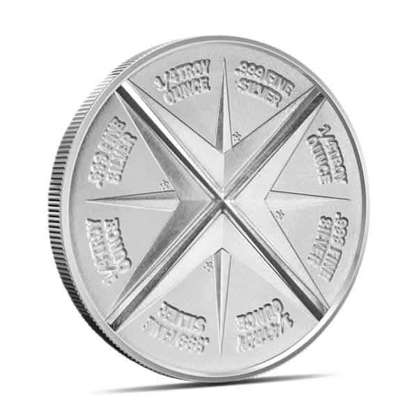 1 oz .999 fine silver divisible round with precision-cut quadrants, each marked with weight and purity, featuring starburst-style design.