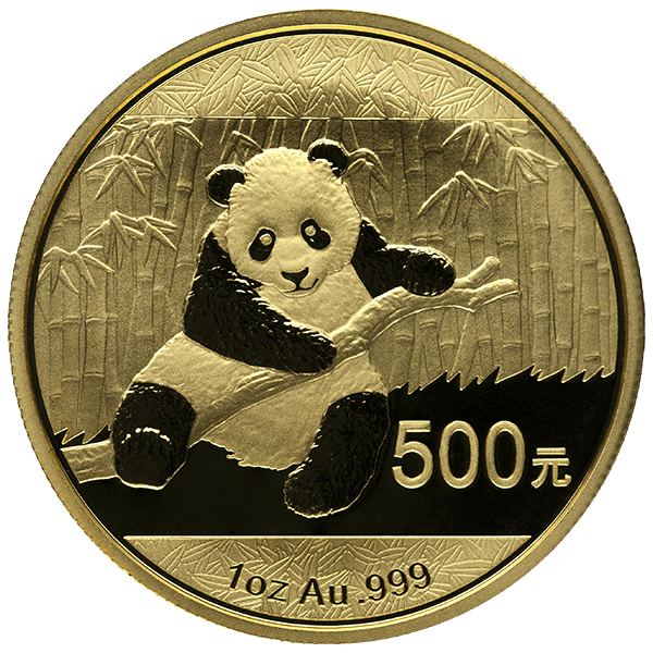 1 oz Chinese Gold Panda coin featuring a panda holding a branch, with bamboo background, marked "500元" and "1 oz Au .999"