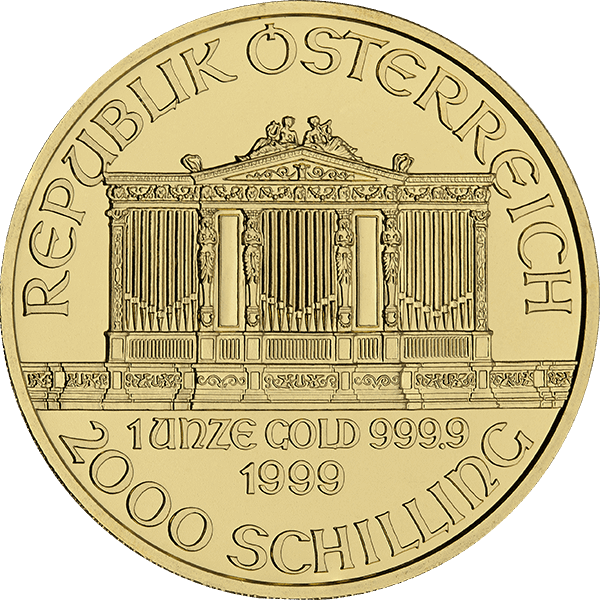 1999 Austrian Gold Philharmonic coin, 1 oz of .9999 fine gold, featuring the Great Organ of Vienna’s Musikverein and "2000 Schilling".