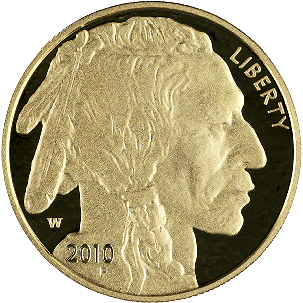 2010 1 oz American Gold Buffalo Proof coin featuring Native American profile, “LIBERTY,” “W” mintmark, and date "2010."