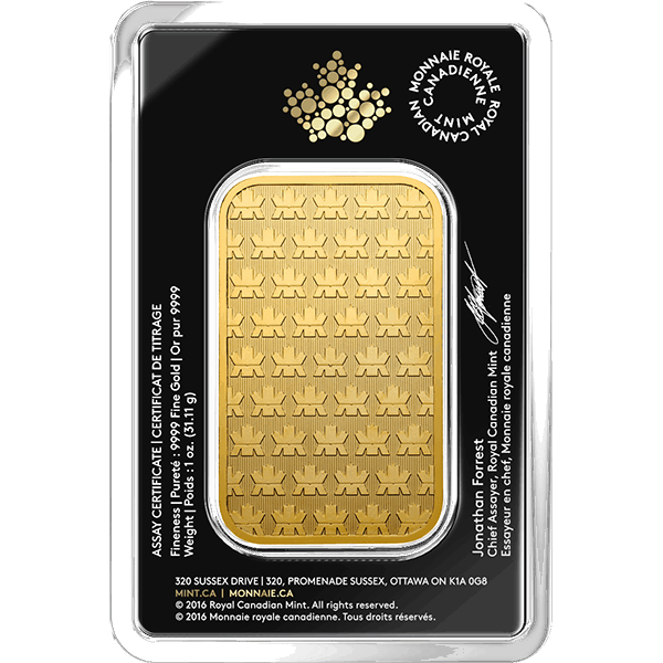 1 oz Royal Canadian Mint gold bar in assay card, reverse with repeating maple leaf pattern and certification details