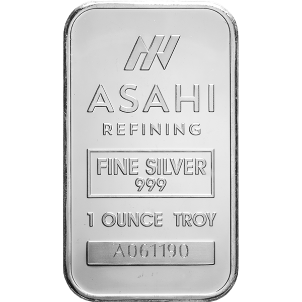 1 oz Asahi silver bar with logo, “FINE SILVER 999,” “1 OUNCE TROY,” and serial number A061190