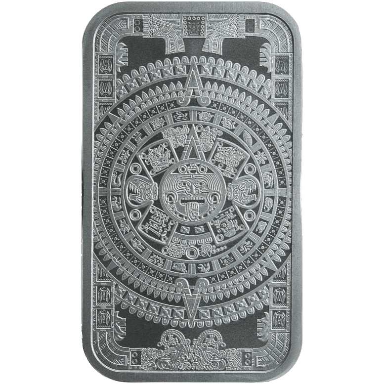 1 oz silver bar with intricate Aztec Calendar design, detailed circular patterns, and engraved symbols