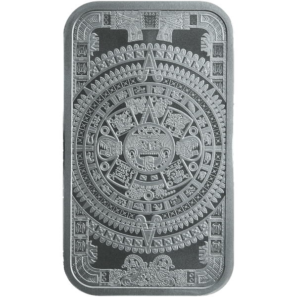 1 oz silver bar with intricate Aztec Calendar design, detailed circular patterns, and engraved symbols