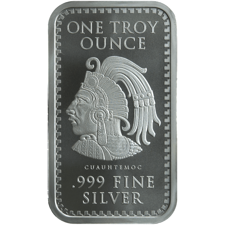 Reverse of 1 oz Aztec silver bar with Cuauhtémoc profile and “One Troy Ounce .999 Fine Silver” inscription