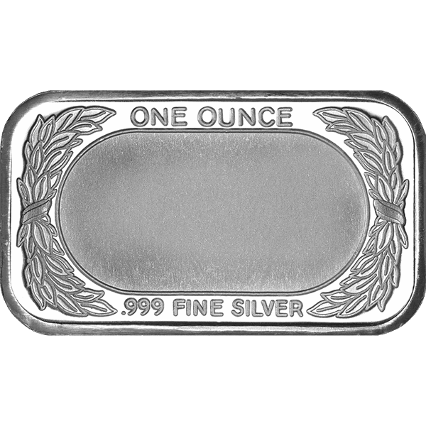 1 oz .999 Fine Silver Bar with laurel wreath design – blank center for engraving.