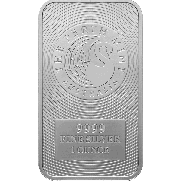 Front of The Perth Mint 1 oz 9999 Fine Silver Bar featuring swan logo and radiating pattern.