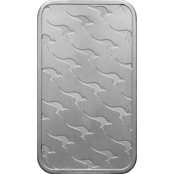 Reverse of The Perth Mint 1 oz Silver Bar featuring kangaroo pattern background.