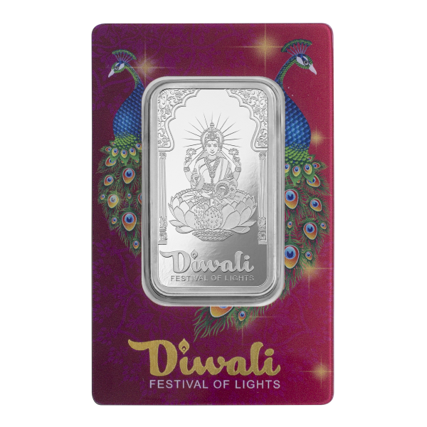 1 oz Diwali Festival of Lights Silver Bar with Goddess Lakshmi design in festive peacock-themed packaging.