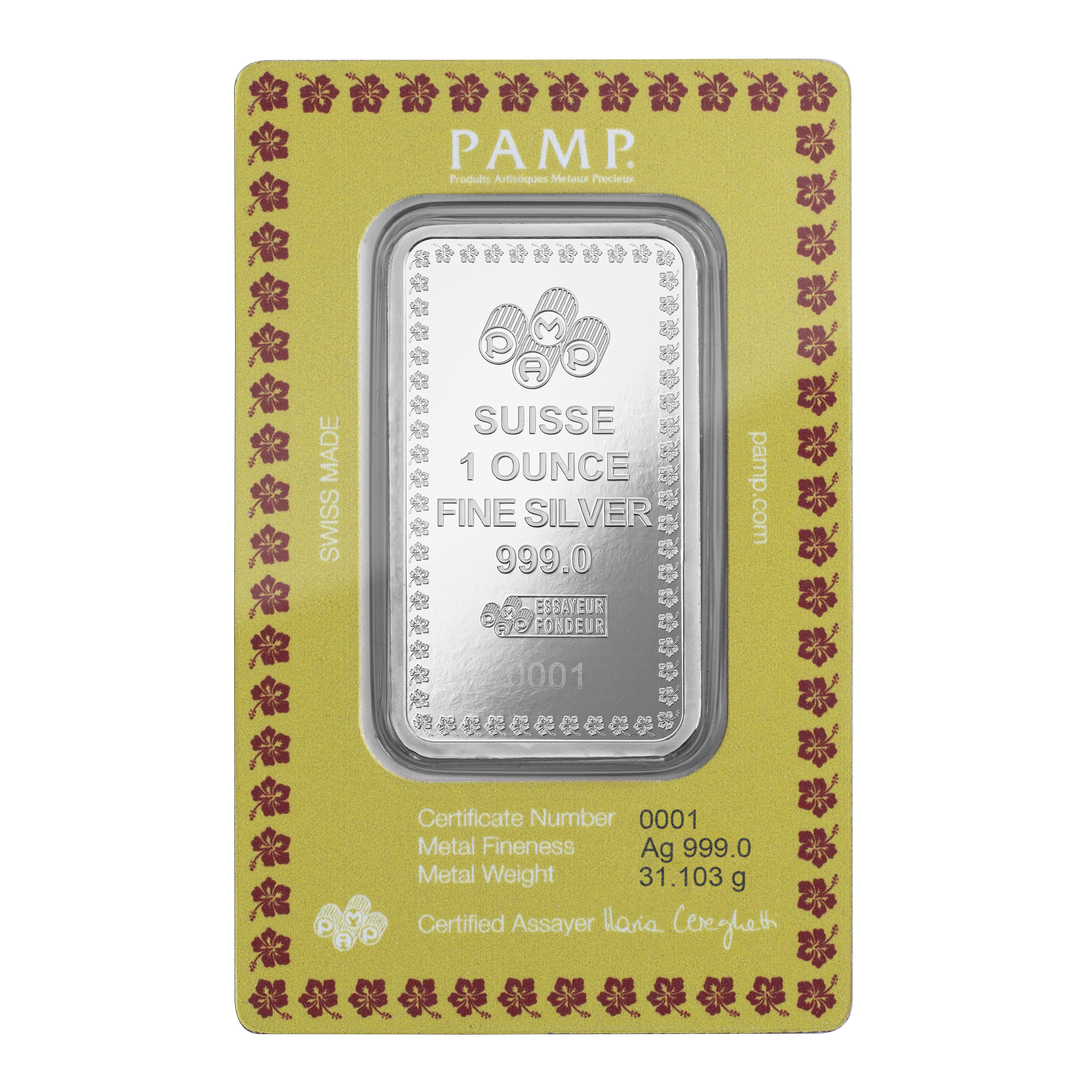 PAMP Suisse 1 oz Fine Silver 999 Bar with floral border, displayed in yellow certificate card.
