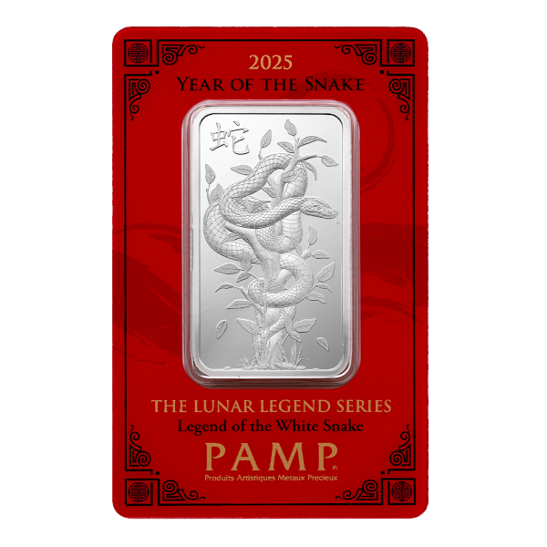 2025 PAMP Lunar Legend Series Silver Bar featuring white snake design and red Year of the Snake packaging.