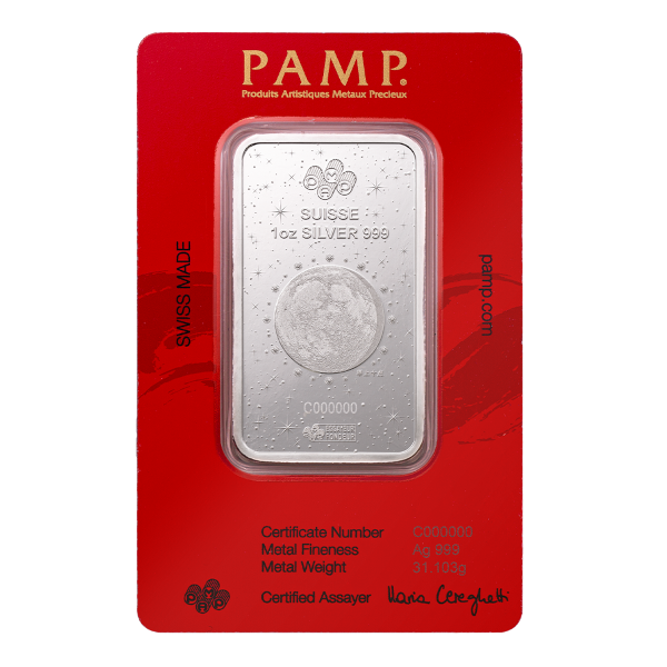 PAMP Suisse Moon-themed 1 oz Silver Bar with moon and stars, certified in red assay packaging.