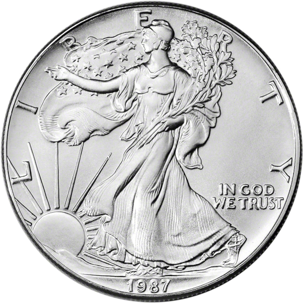 1987 American Silver Eagle Coin featuring Walking Liberty with sunrise and "In God We Trust" inscription.