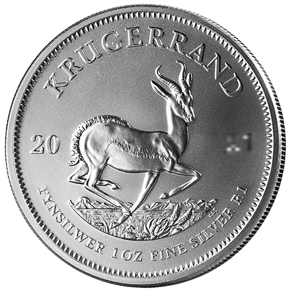Silver Krugerrand coin showing springbok antelope and text '1 oz fine silver R1' with partial date visible