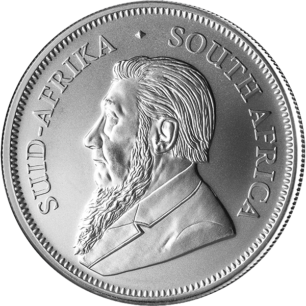 Obverse of South African Krugerrand coin featuring portrait of Paul Kruger with text 'SUID-AFRIKA SOUTH AFRICA' around edge