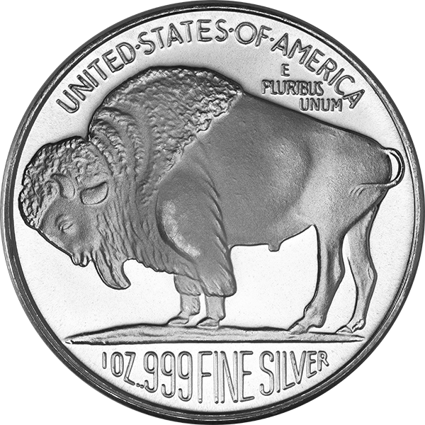 1 oz .999 fine silver Buffalo round featuring iconic American bison design with UNITED STATES OF AMERICA and E PLURIBUS UNUM inscriptions.