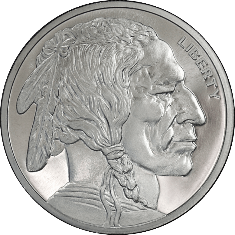 1 oz silver Buffalo round featuring Native American profile with detailed feathered headdress, braided hair, and 'Liberty' inscription on the right