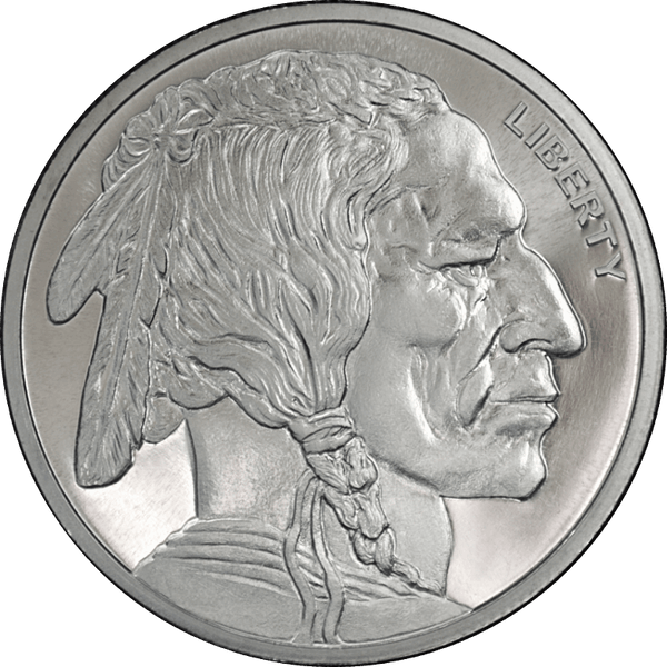 1 oz silver Buffalo round featuring Native American profile with detailed feathered headdress, braided hair, and 'Liberty' inscription on the right