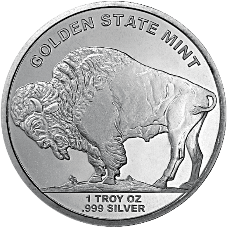 1 oz .999 fine silver Buffalo round by Golden State Mint featuring a detailed American bison standing on a mound with weight and purity engraved below.