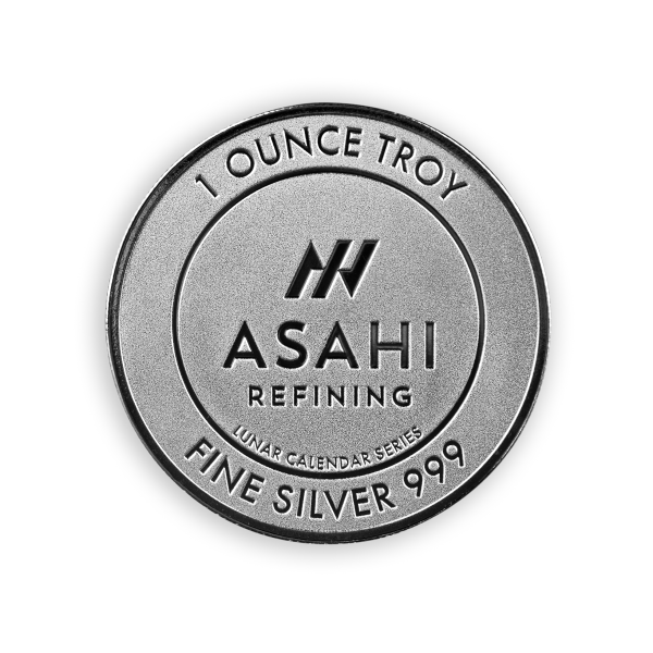 1 oz Asahi Refining fine silver round from the Lunar Calendar Series, featuring bold branding and .999 purity engraved on a matte silver surface.