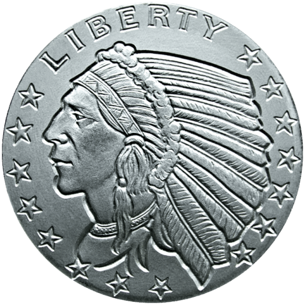 Silver round featuring Native American chief in feathered headdress with LIBERTY inscribed above and stars encircling the edge of the design.