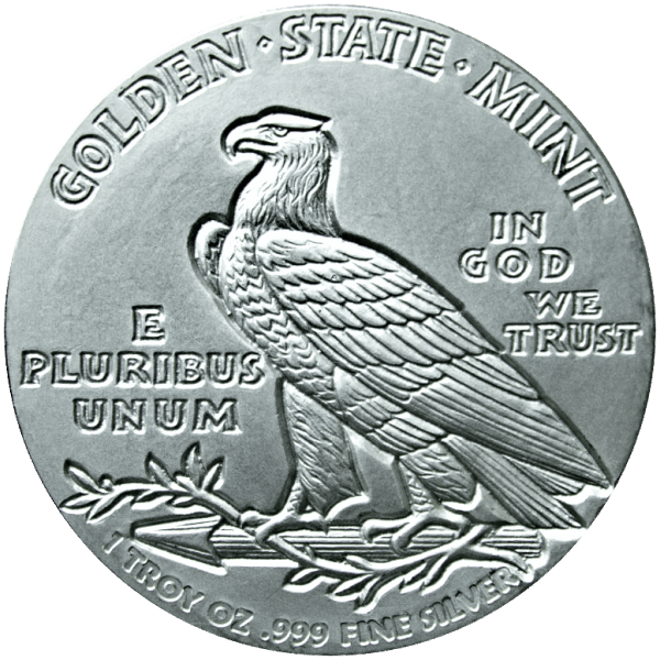 Reverse of silver round by Golden State Mint featuring a perched eagle, patriotic mottos, and marked 1 troy oz .999 fine silver.