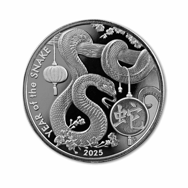 1 oz Lunar Snake Silver Round by Asahi Mint – 2025 Year of the Snake design with coiled snake, lanterns, and Chinese character engraving