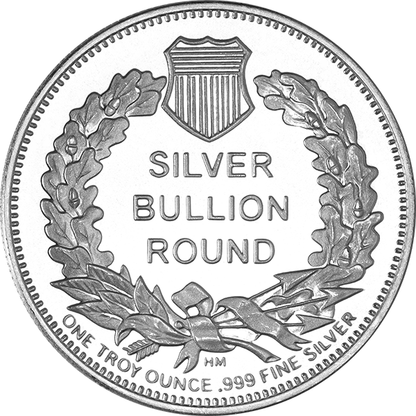 1 oz Saint-Gaudens Silver Round – .999 fine silver with shield emblem, laurel wreath, and Silver Bullion Round inscription