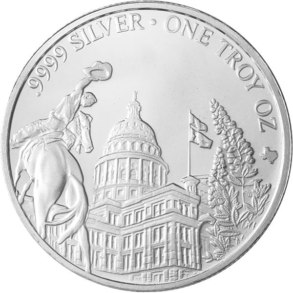 1 oz Texas Silver Round – .9999 fine silver design featuring Texas Capitol, cowboy on horseback, and bluebonnet flowers