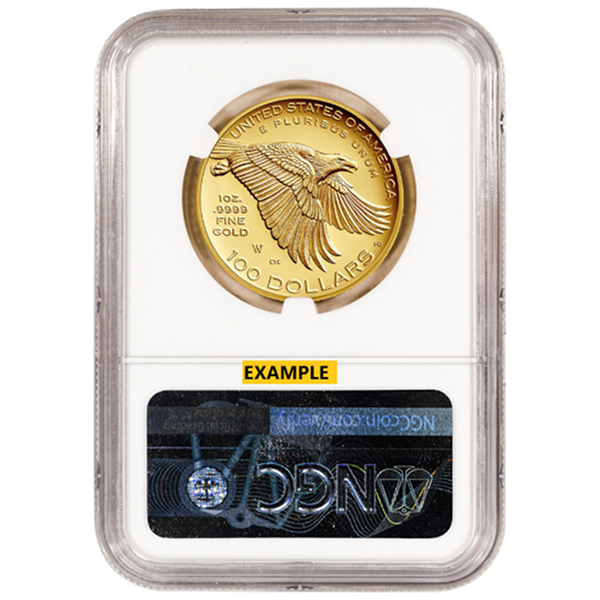 Gold American Eagle $100 coin in NGC holder, labeled as example, with holographic security seal at the bottom.