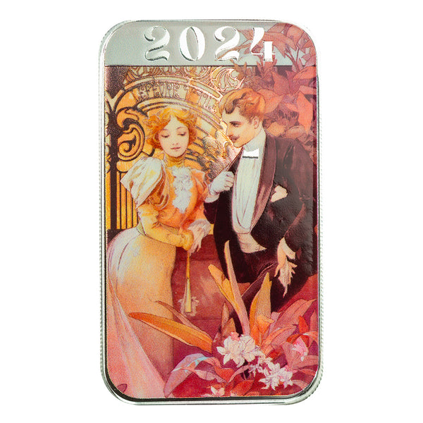 New Year Couple - Alphonse Mucha 1 oz Silver Christmas Bar