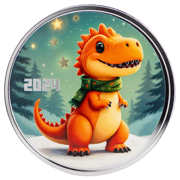 Festive Dino 1 oz Silver Christmas Round