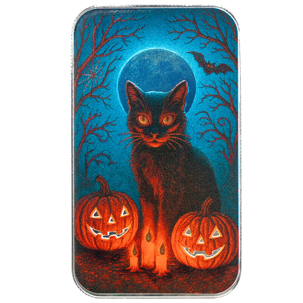 Black Cat & Pumpkins 1 oz Silver Colorized Bar